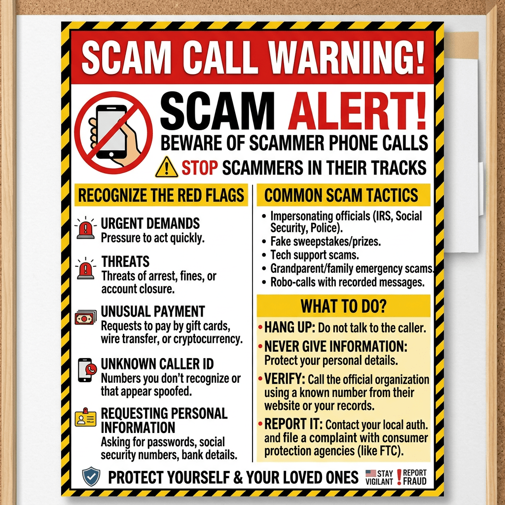 Poster warning about phone scams with red flags, common tactics, and actions to take